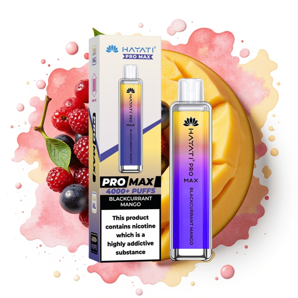 Hayati Pro Max 4000 Puffs Disposable Vape Solbærmango – 1400mAh, 2/5% Nikotin, 28x28x120mm