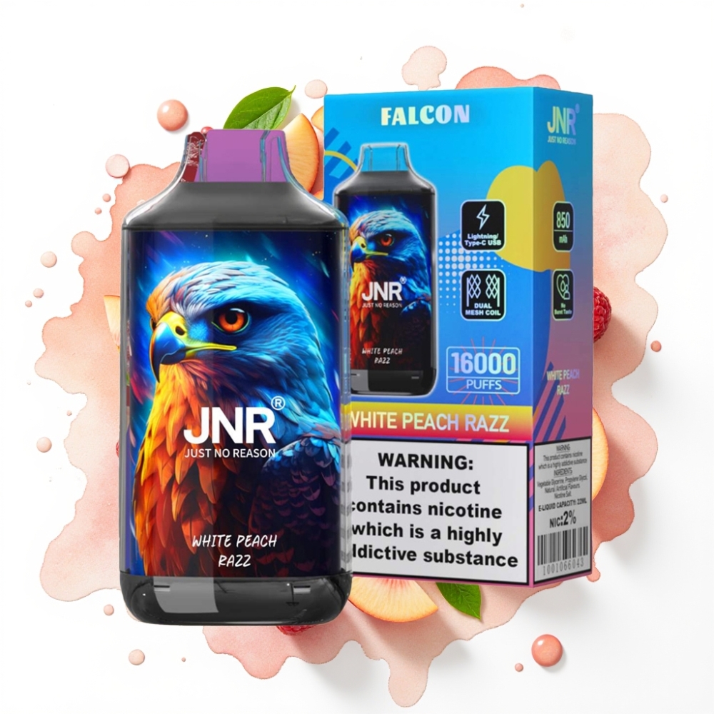 JNR Falcon 16000 Puffs Hvit Fersken Bringebær – 850mAh, 22ml, Dual Mesh Coil
