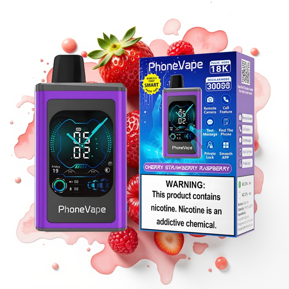 JNR PhoneVape 30000 puffs Engangsdamper Kirsebær Jordbær Bringebær, 850mAh, Type-C, Turbo Modus