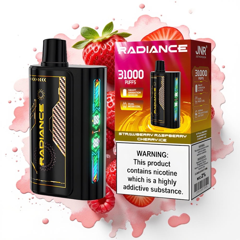 JNR Radiance 31000 Puffs Engangsvape JORDBÆR BRINGEBÆR KIRSJEBÆR IS – 28ml, 2% nikotin