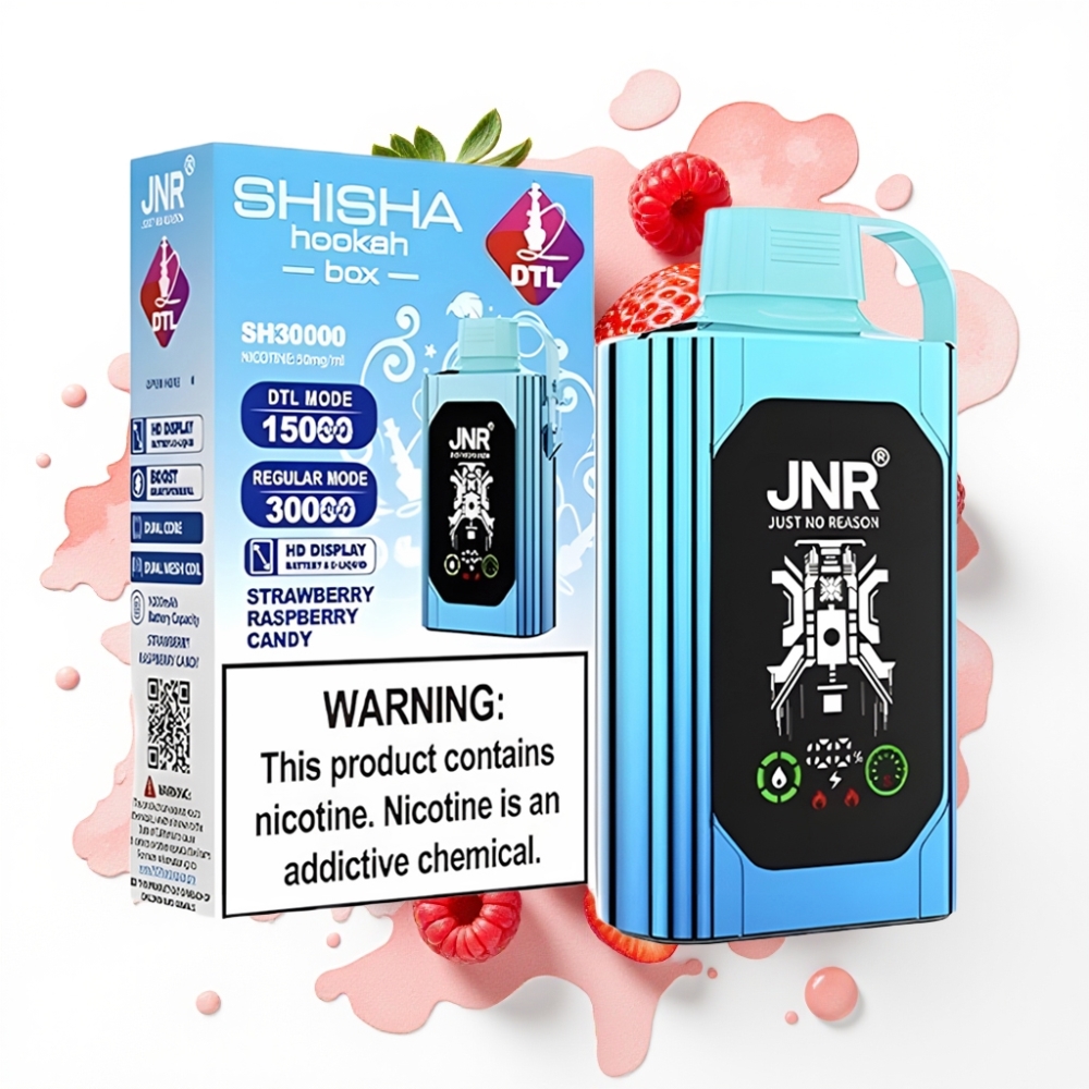 JNR Shisha Hookah Box 20500 Puffs Disposable Vape Jordbær Bringebær Candy – 25ml, 1000mAh, Type-C