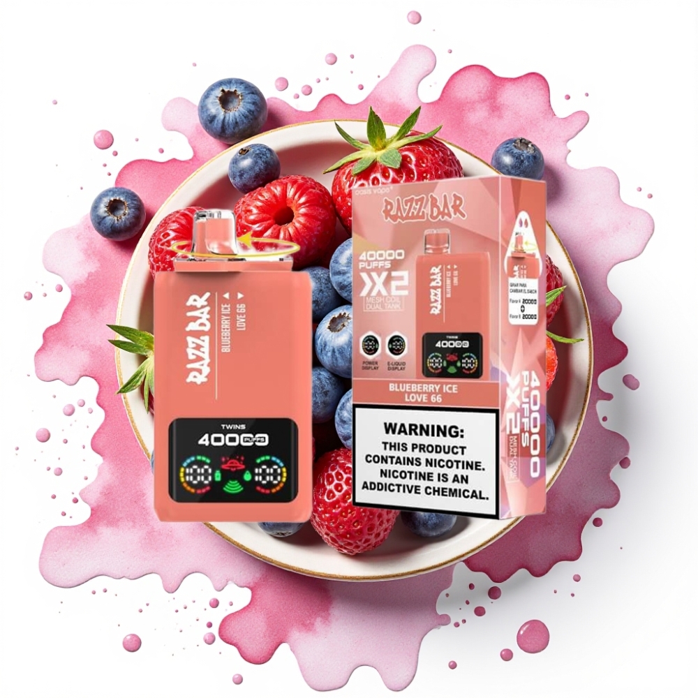 Razz Bar 40000 Puffs Disposable Vape BLÅBÆR IS & LOVE 66, 1.0Ω×2 Mesh Coil, 650 mAh