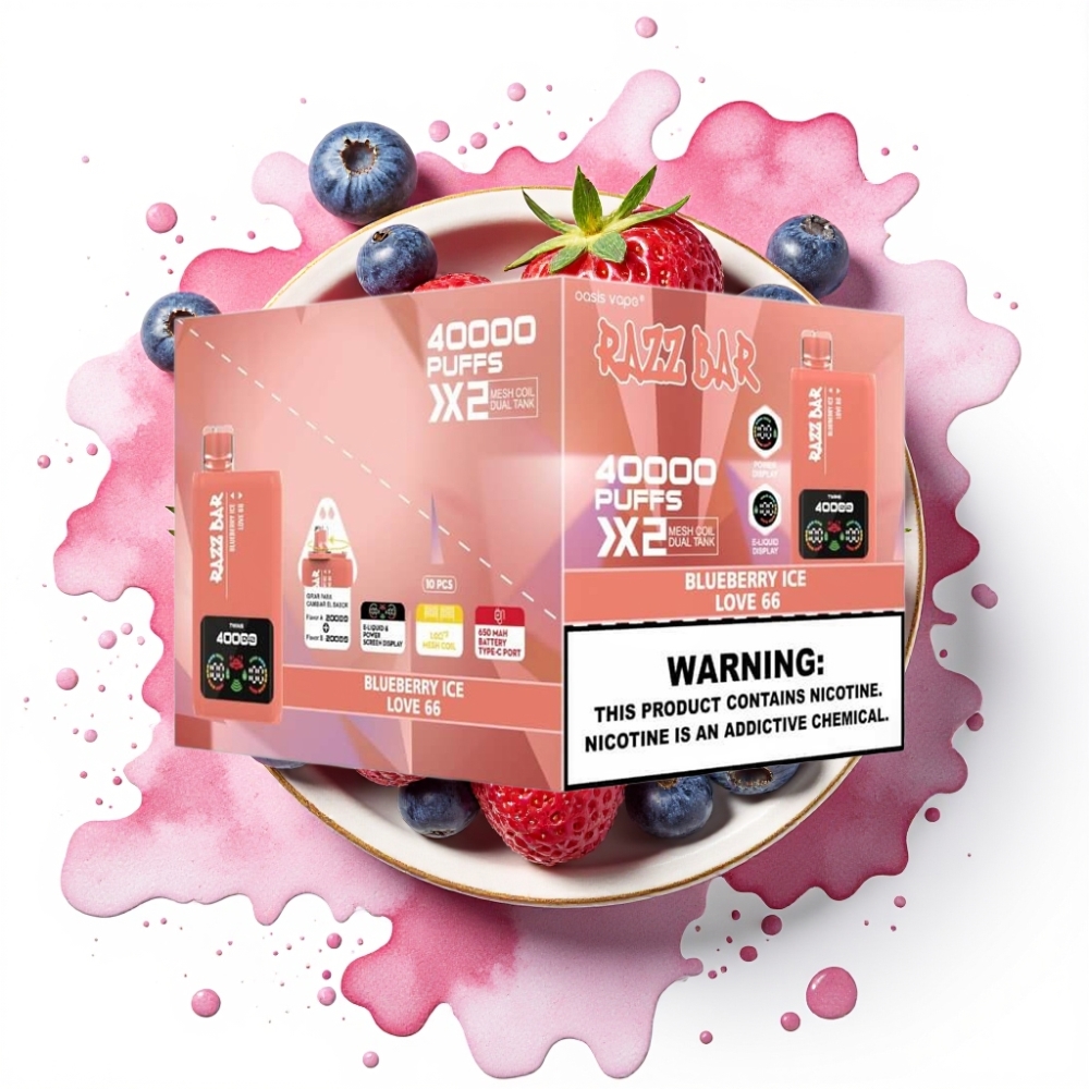 Razz Bar 40000 Puffs Disposable Vape BLÅBÆR IS & LOVE 66, 1.0Ω×2 Mesh Coil, 650 mAh