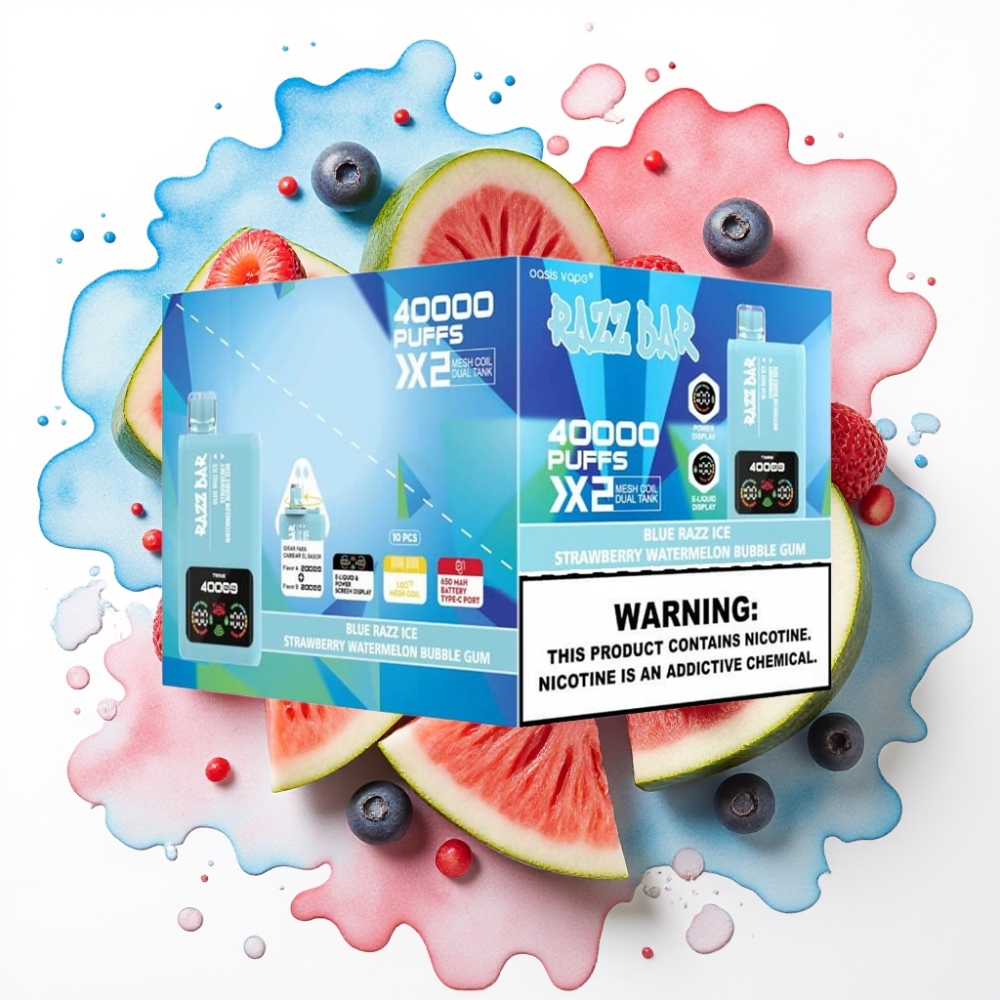 Razz Bar 40000 Puffs Disposable Vape BLÅ RAZZ IS-JORDBÆR VANNMELON TYGGEGUMMI 650 mAh Type-C
