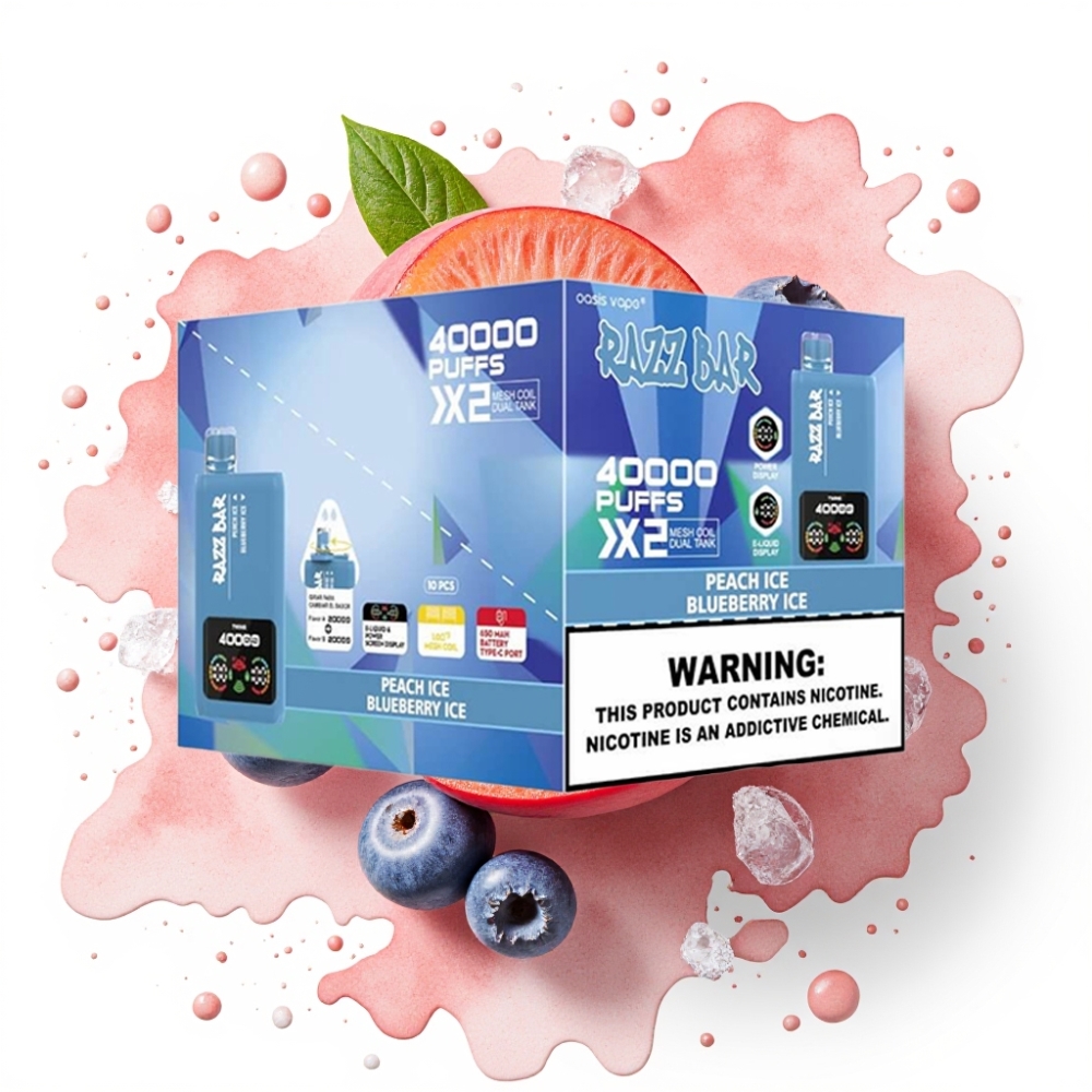 Razz Bar 40000 Puffs Disposable Vape FERSKEN IS & BLÅBÆR IS – 40000 Puffs, 1.0Ω×2 Mesh Coil, Type-C