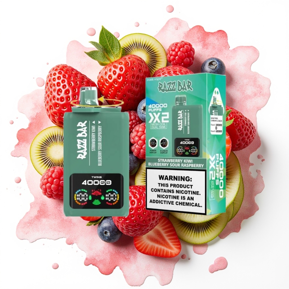 Razz Bar 40000 Puffs Disposable Vape JORDBÆR KIWI & BLÅBÆR SUR BRINGEBÆR, 40000 Puffs, 1.0Ω×2 Mesh Coil, 650mAh