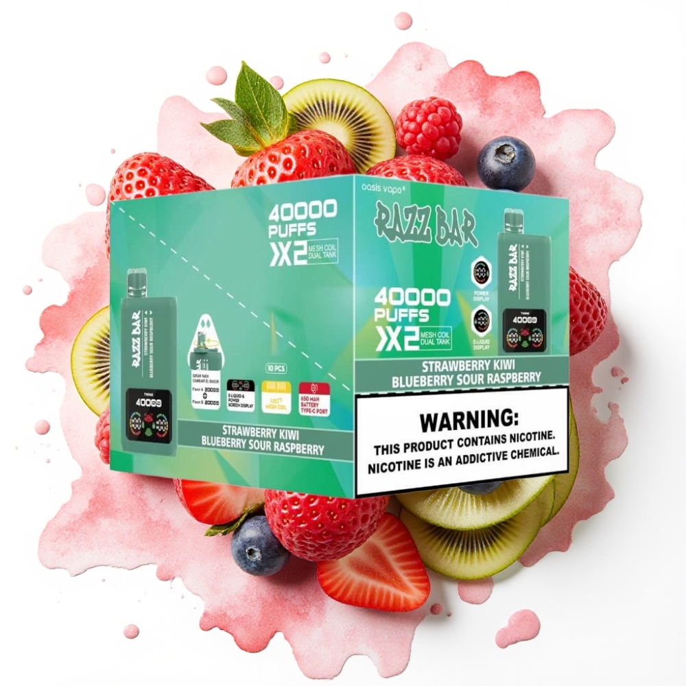 Razz Bar 40000 Puffs Disposable Vape JORDBÆR KIWI & BLÅBÆR SUR BRINGEBÆR, 40000 Puffs, 1.0Ω×2 Mesh Coil, 650mAh