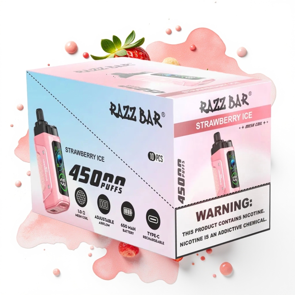 Razz Bar 45000 Puffs Disposable Vape Jordbær Is, 1.0 Ohm Mesh, 650 mAh