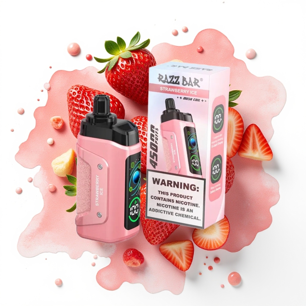 Razz Bar 45000 Puffs Disposable Vape Jordbær Is, 1.0 Ohm Mesh, 650 mAh