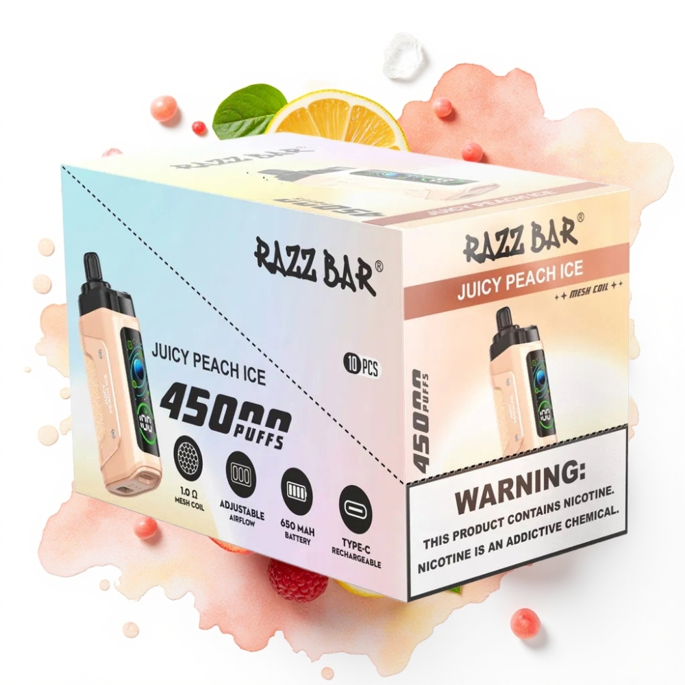 Razz Bar 45000 Puffs Disposable Vape Saftig Fersken Is, 1.0 Ohm Mesh, 650 mAh