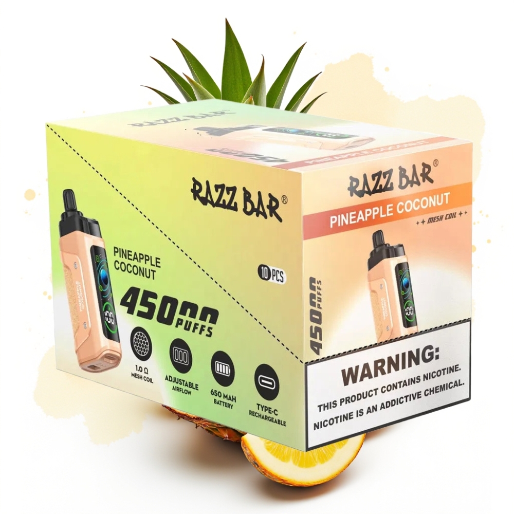 Razz Bar 45000 Puffs Engangsvape Ananas Kokos – 1.0 Ohm Mesh, Justerbar Luftstrøm, 650 mAh