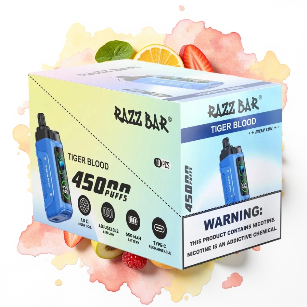 Razz Bar 45000 Puffs Engangsvape Tigerblod – 45000 Puff, 1.0 Ohm Mesh, Justerbar Luftgjennomstrømning