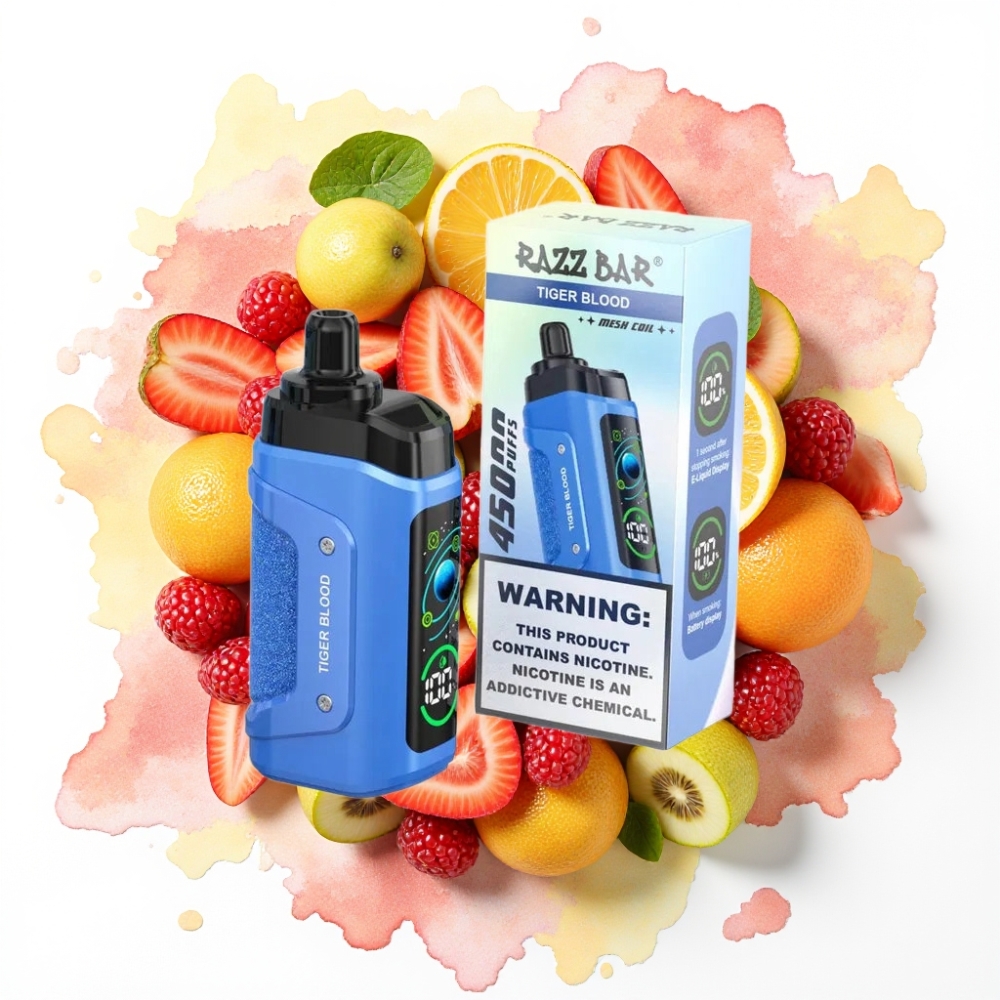 Razz Bar 45000 Puffs Engangsvape Tigerblod – 45000 Puff, 1.0 Ohm Mesh, Justerbar Luftgjennomstrømning