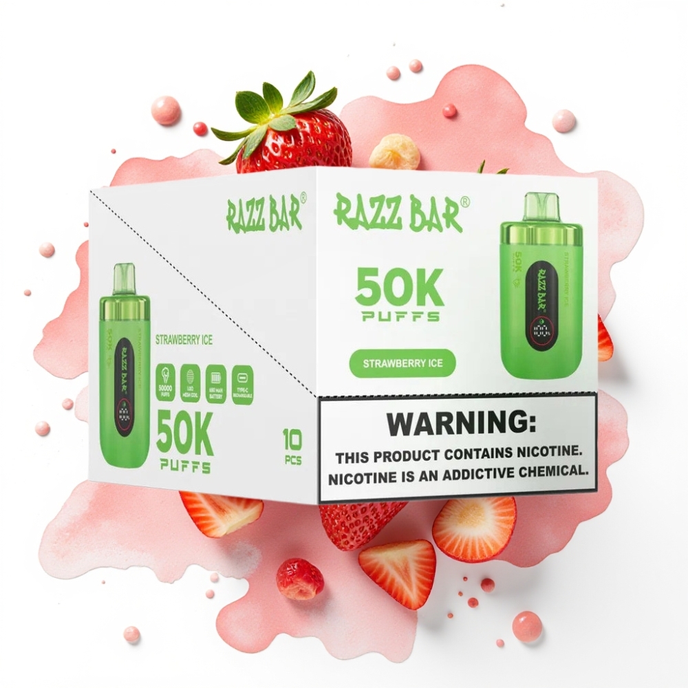Razz Bar 50K Puffs Disposable Vape Jordbær Is – 50000 Puff, 1.0 Ohm, 650 mAh